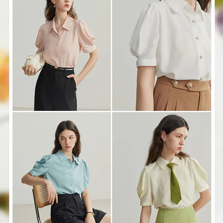 French Court Style Women Shirts Puff-sleeved Short Sleeve Elegant Vintage Casual Female Blouses Tops