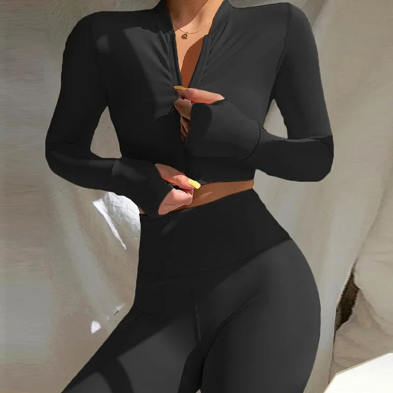 Gym Set Women Tracksuit Long Sleeve Yoga Suit for Fitness Sport Outfit for Woman Sportswear Pilates Clothes Two Piece Wear Khaki black
