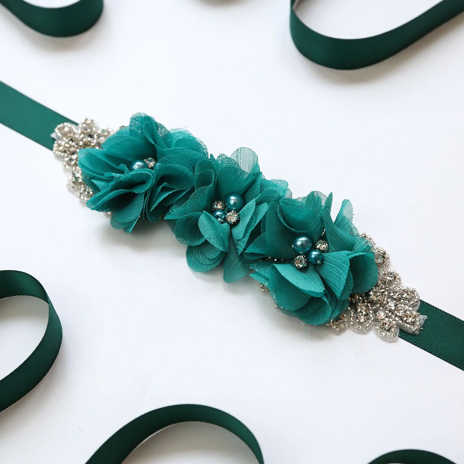 Wedding Accessories Bridal Belts Satin Flower Sash Woman Girl Belts Flower Bead Belts Floral Belt Wedding Rhinestone Flower Belt 2-green