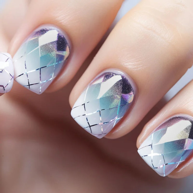 24pcs/set short sqaure almond fake nails geometric aurora gradient heart glitter designs faux ongles press on acrylic false nail