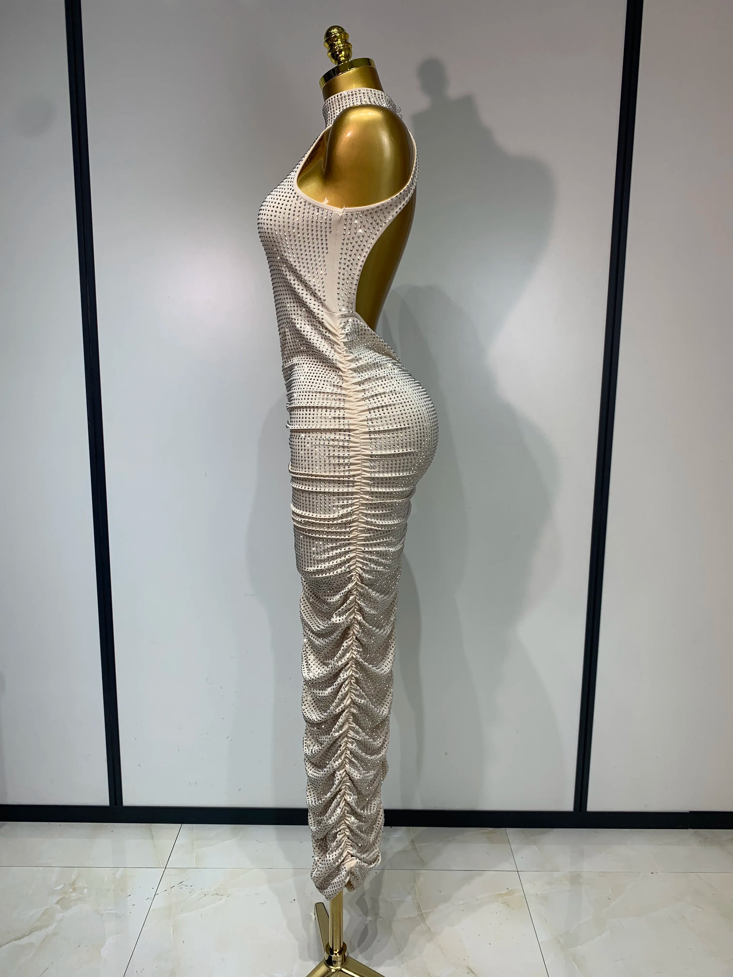 Women Sexy Backless Sleeveless Sparkly Diamonds Dress Slim Formal Elegant Celebrity Cocktail Party Luxury Birthday Gown Vestido