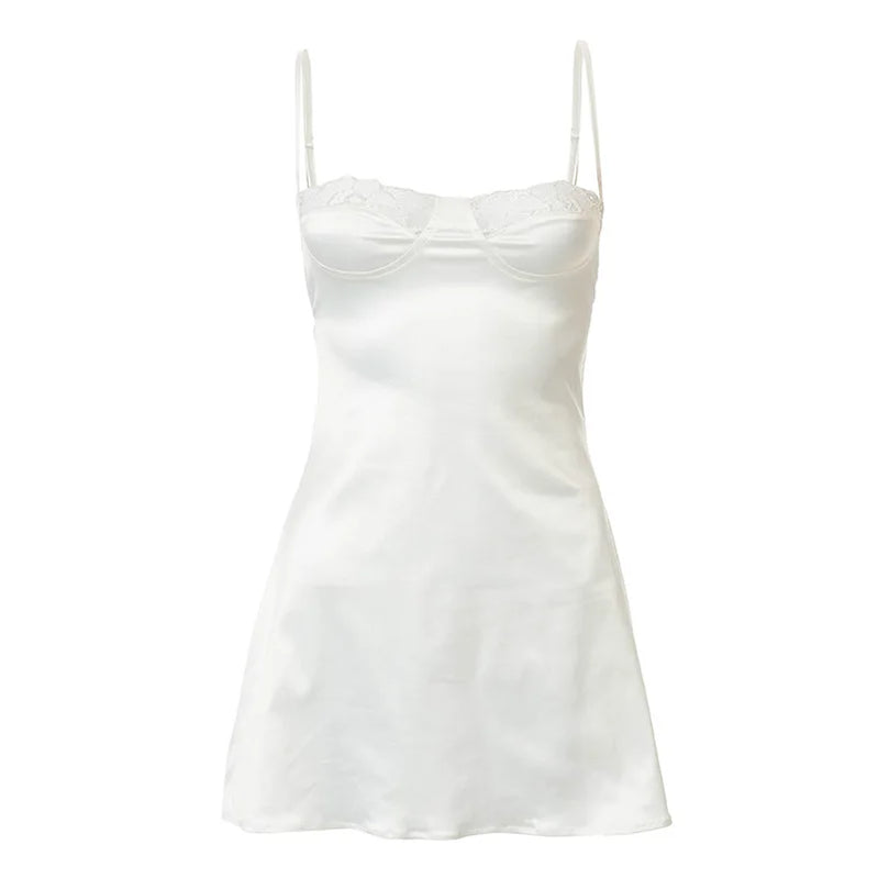 NEONBABIPINK Sexy White Lace Trim Satin Sundress Fairycore Backless Low Cut A Line Mini Dresses for Women Summer N85-CF11 creamy-white