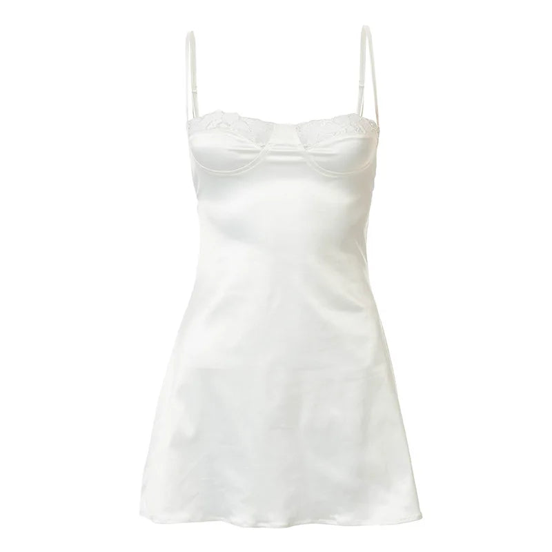 NEONBABIPINK Sexy White Lace Trim Satin Sundress Fairycore Backless Low Cut A Line Mini Dresses for Women Summer N85-CF11 creamy-white