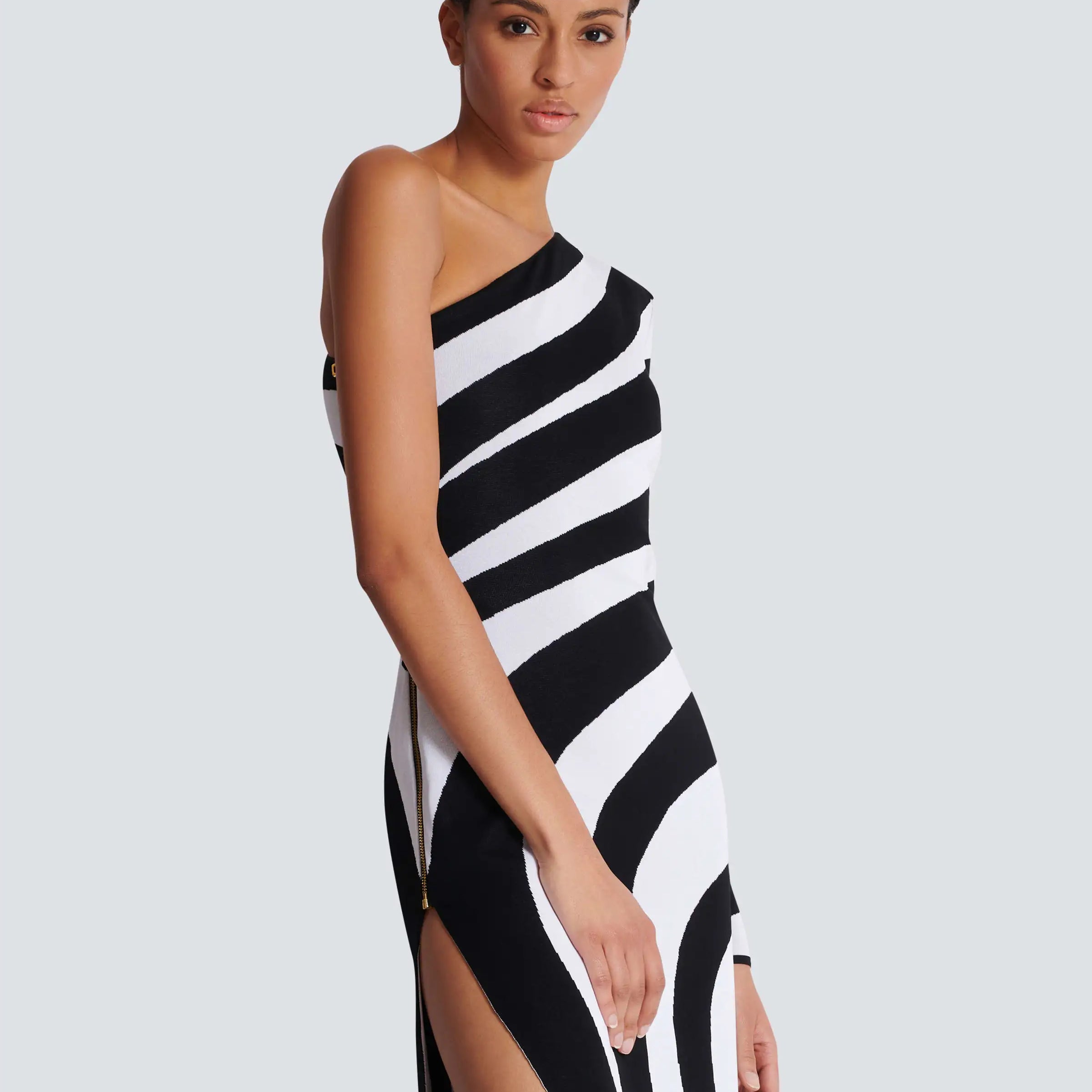 Women Sexy One Shoulder Striped High Split Bodycon Bandage Long Dress Celebrate Evening Party Red Carpet Outfit