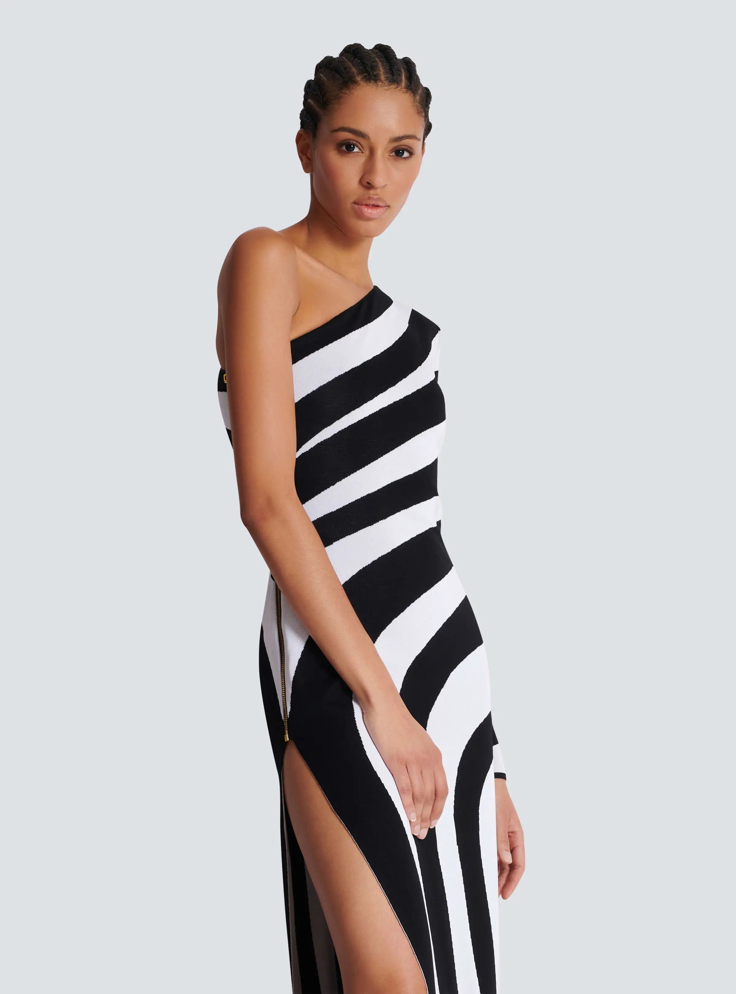Women Sexy One Shoulder Striped High Split Bodycon Bandage Long Dress Celebrate Evening Party Red Carpet Outfit