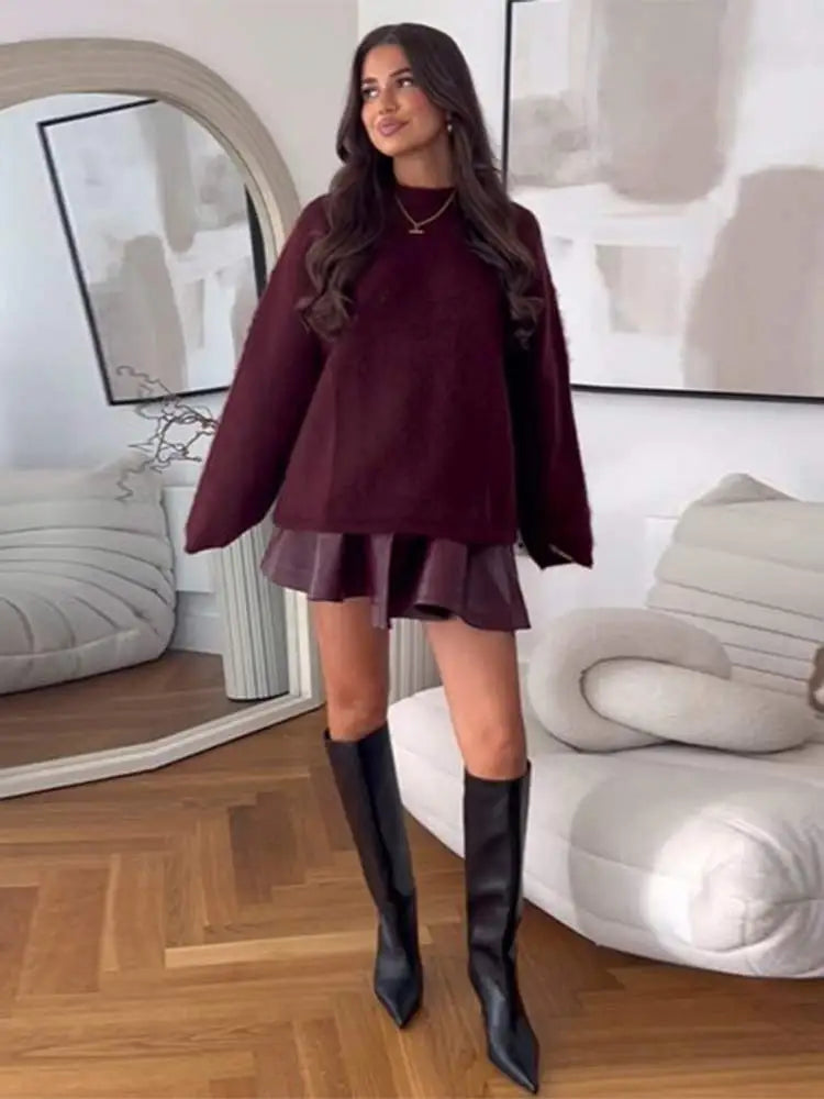 Autumn Knitted Fuchsia Solid Color Woman Elegant Pullover Sweater Fashion Loose O Neck Long Sleeve Sweaters New Daily Tops colour A