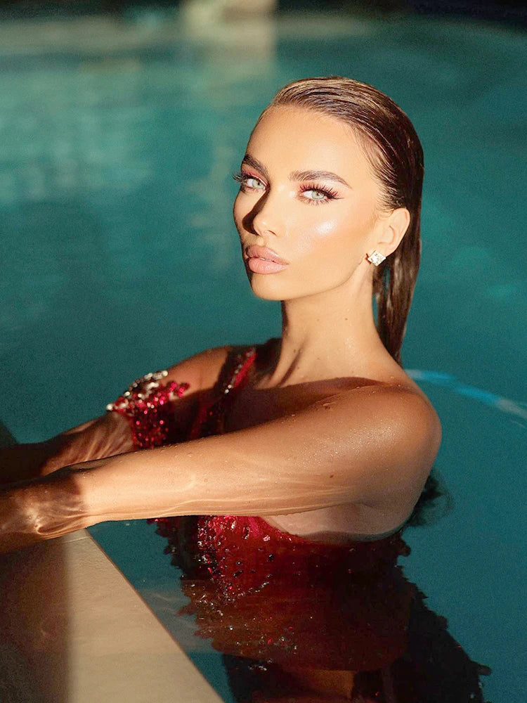 VC Red Diamonds Mermaid Dress Beaded Diagonal One-shoulder High Split Crystals Details Maxi Banquet Evening Party Gown