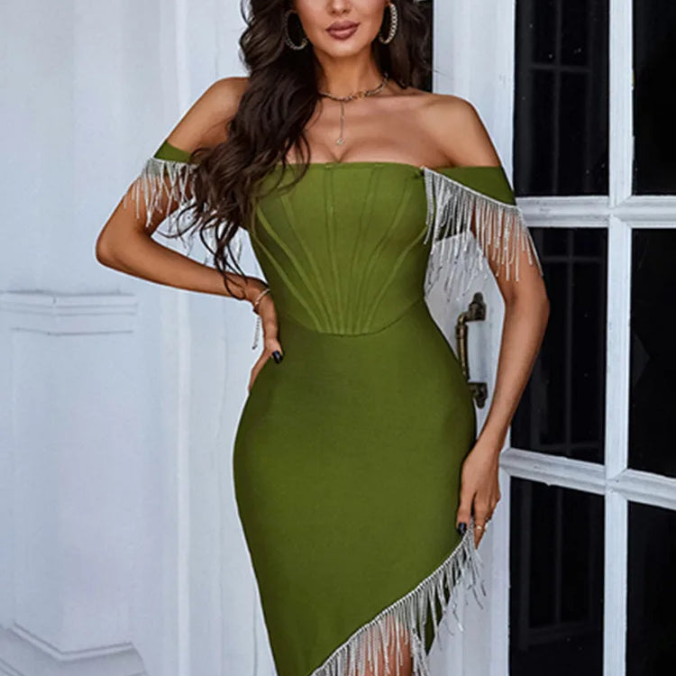 Summer Sexy Off Shoulder Army Green Red Diamonds Tassel Mini Bodycon Bandage Dress 2023 Elegant Evening Party Dress Vestido