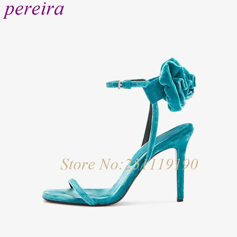 Blue Blossom Heeled Sandals One Strap Shallow High Heels Women Luxury Designer Shoes Summer 2025 Buckle Strap Sandalias De Mujer