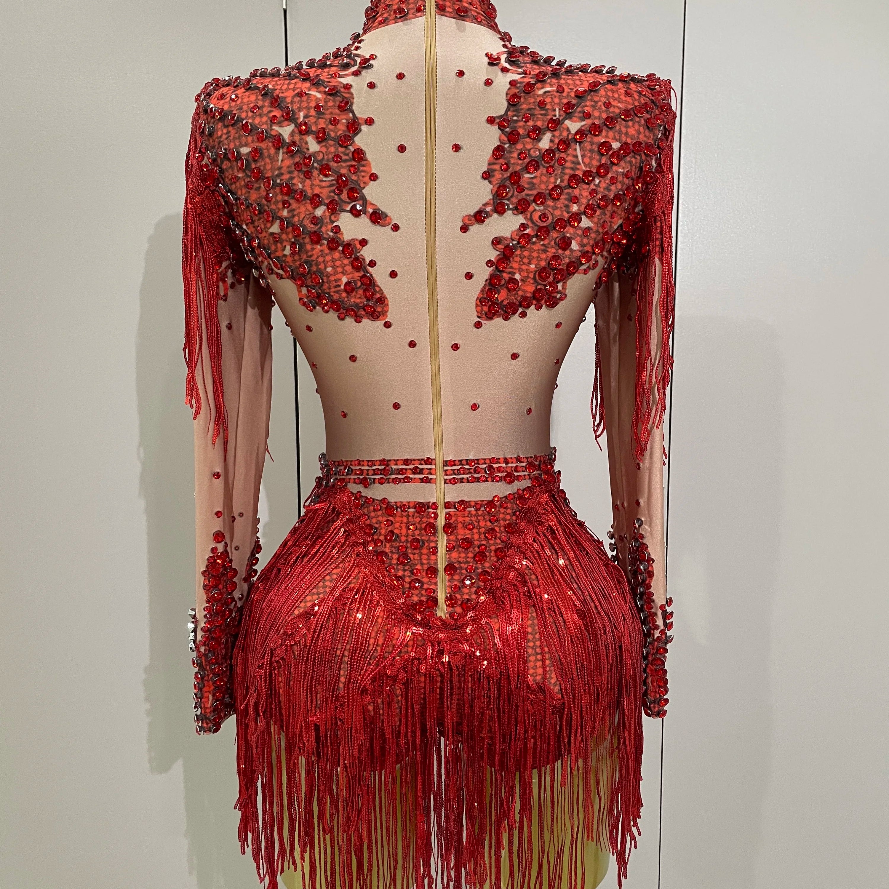 Sparkly Rhinestone Sequin Tassel Stretch Bodysuits 2025 New Arrival Women Birthday Party Nightclub Dj Stage Performance Costume