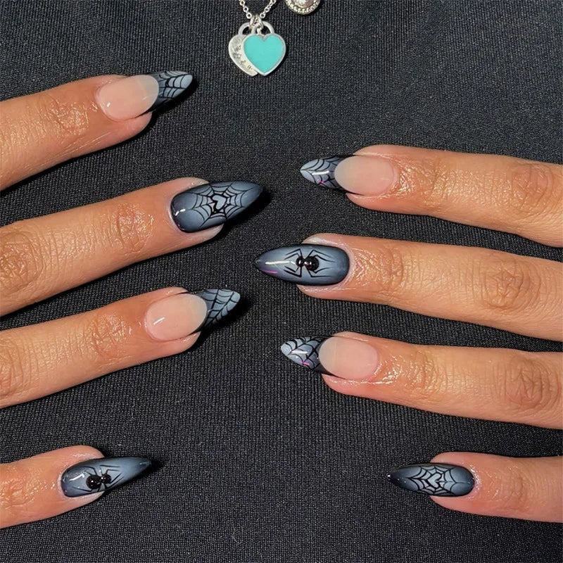 24pcs Halloween False Nails Sets Press on Spider Design French Long Almond Fake Nails Art Gradient Black Full Cover Nail Tips