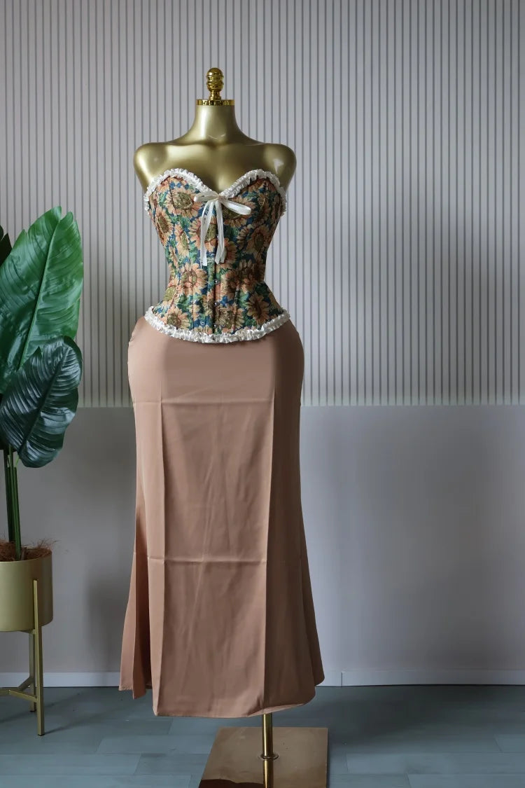 CM.YAYA Women's Dress Set Print Bow Corset Top and Maxi Long Skirt Suit 2025 Summer Elegant Evening Two 2 Piece Set Outfits