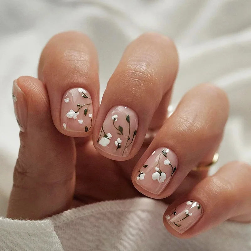 24 peças unhas curtas retrô com design de flores, arte para manicure, unhas postiças rosa, unhas postiças quadradas vestíveis, pontas de unhas com cobertura total