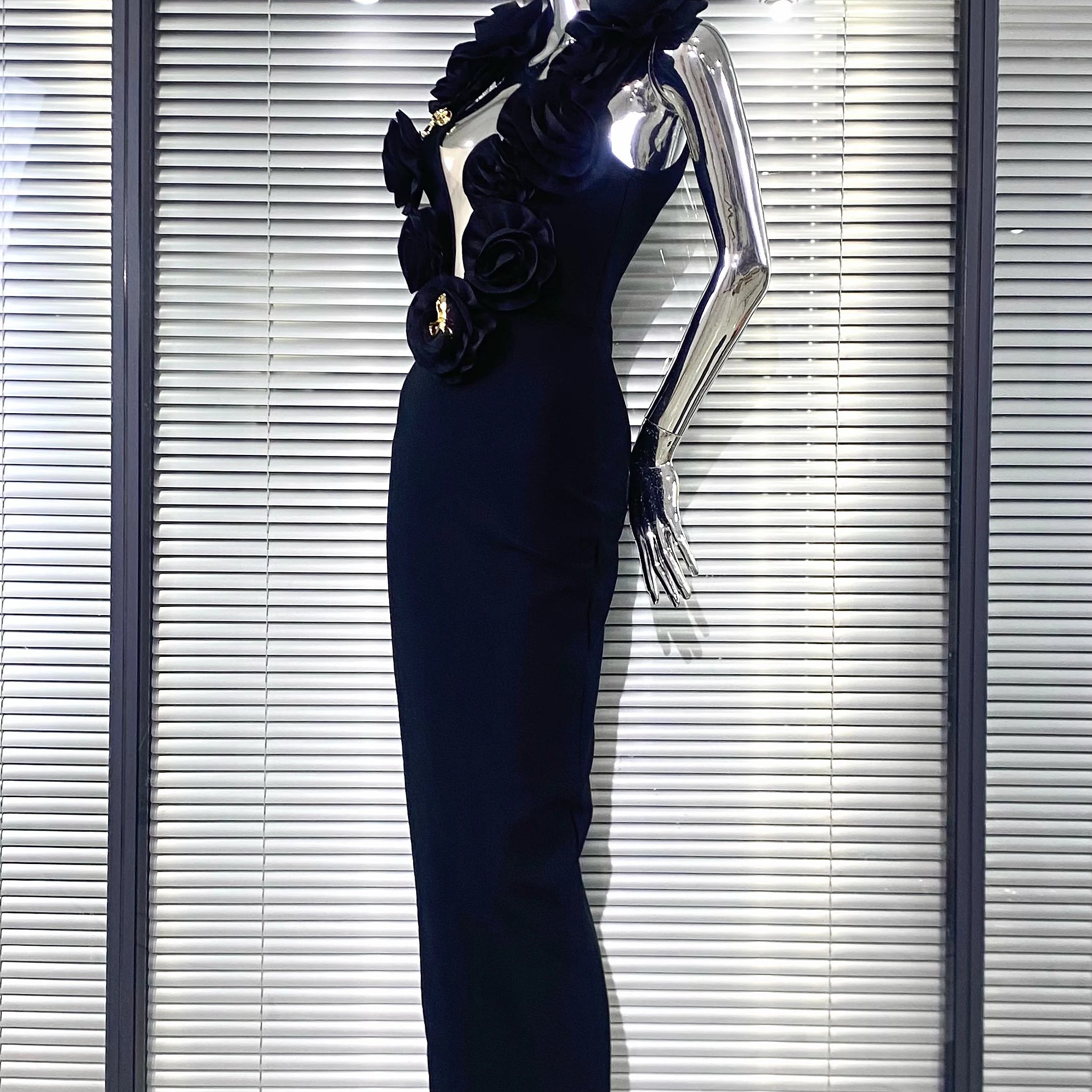 Vestido longo de bandagem floral colado ao corpo, sexy, tomara que caia, preto, de alta qualidade, para festa à noite, boate