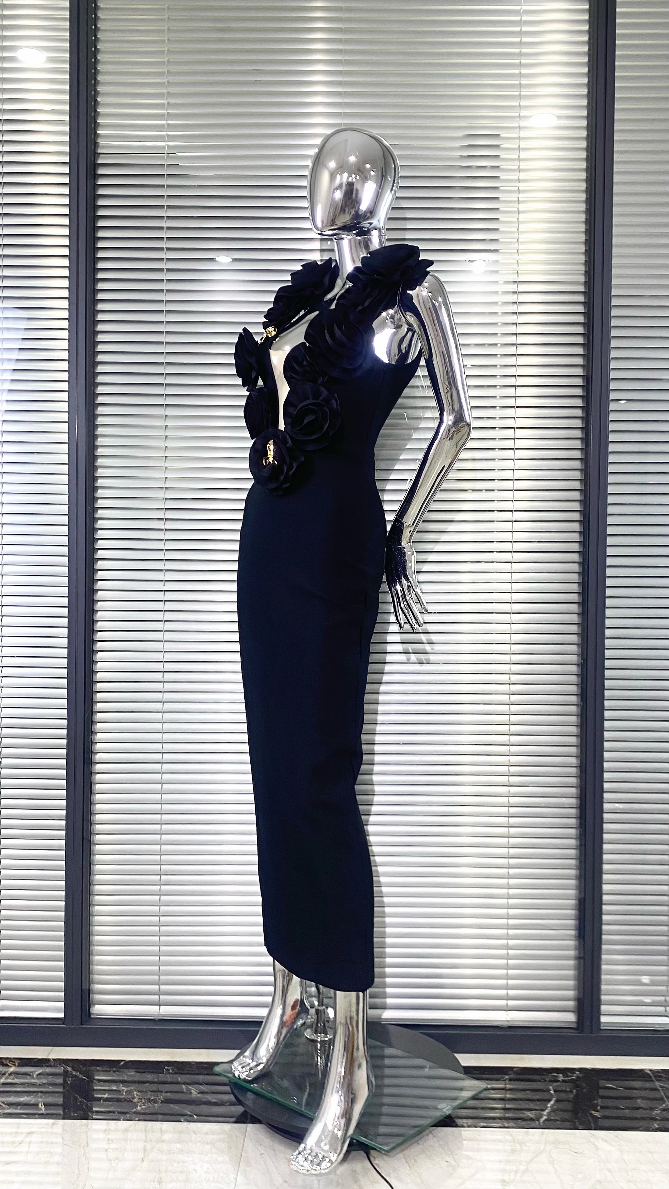 Vestido longo de bandagem floral colado ao corpo, sexy, tomara que caia, preto, de alta qualidade, para festa à noite, boate