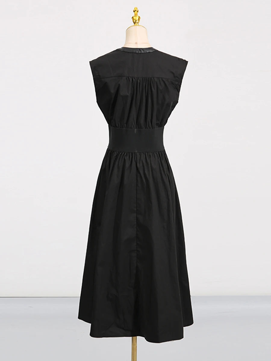 TWOTWINSTYLE Solid Slimming Spliced Lace Up Elegant Dresses for Women Round Neck Sleeveless Patchwork Folds Dress Female Fashion