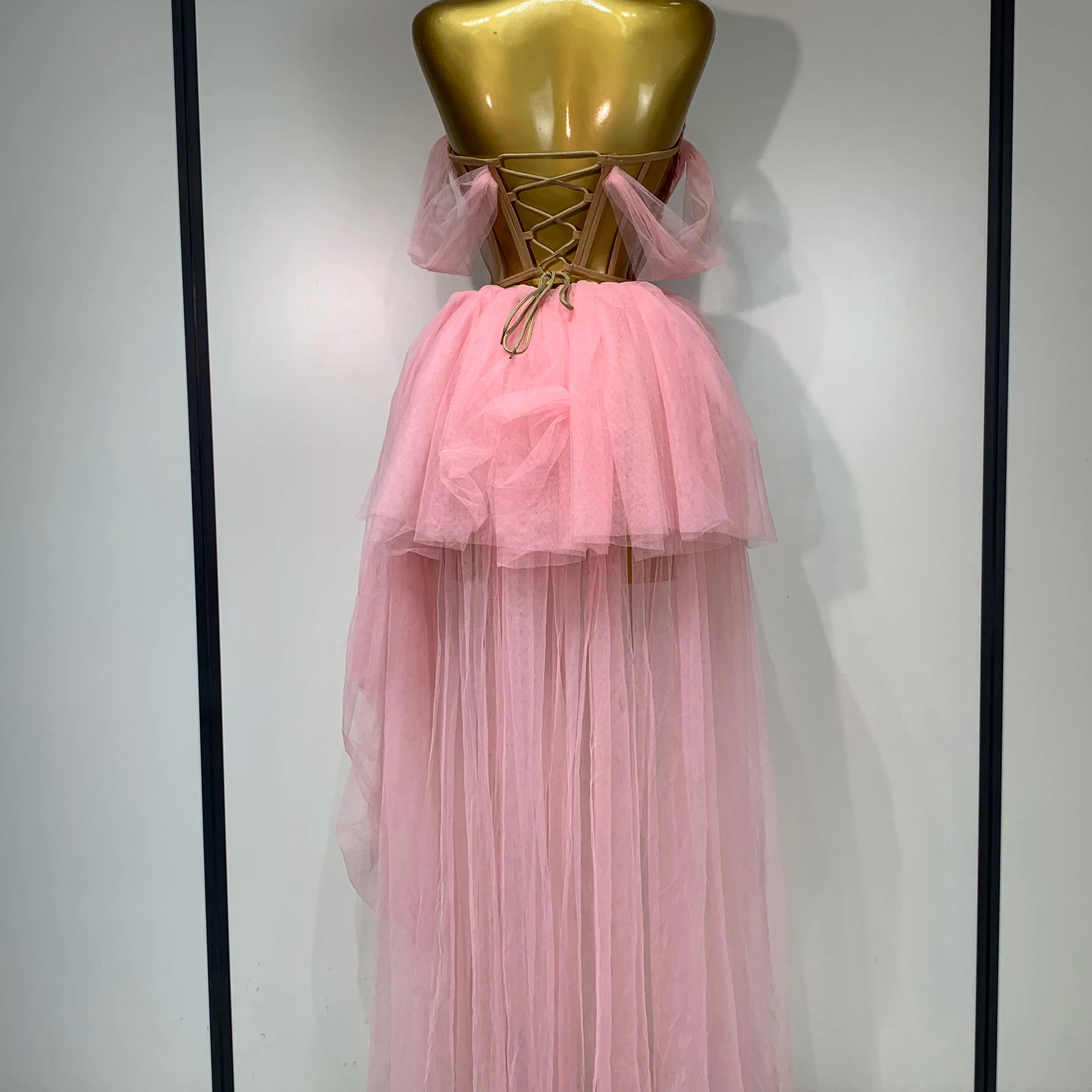 Women Sexy Strapless Pink Mesh Two Pieces Set Prom Gown Celebrate Birthday Nightclub Party Singer Stage Performance Costume