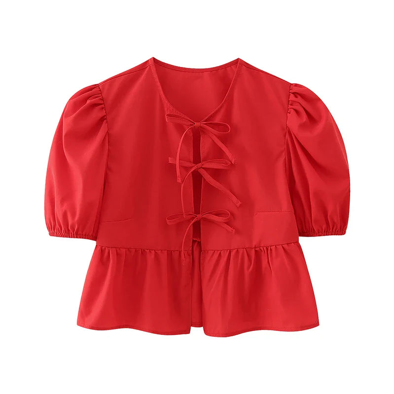 Bow Tied Lace Up Shirt Women Pleats Office Puff Sleeve Female Chic Slim Solid Tops Summer Sweet Lady V Neck Tops Red