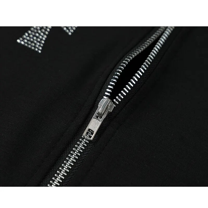 Women Full Zip Hoodies Long Sleeve Rhinestone Cross Pattern Loose Sweatshirts