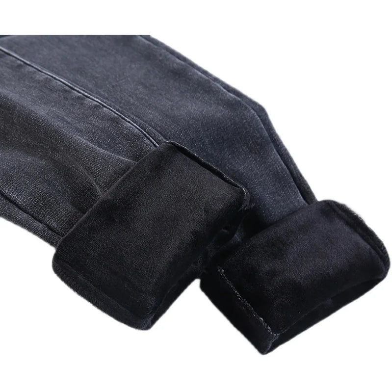 Winter Warm Slim Fit Pencil Pants Women Thicken Fleece Skinny Jeans Pants For Women leisure High Waist Elastic Denim Trousers black velvet