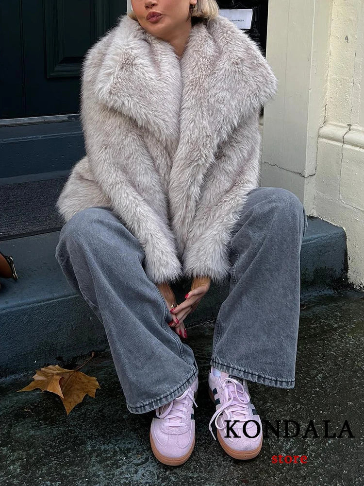 Vintage Faux Fur Oversized Coats Women Fashion Autumn Winter Thick Warm Jackets Casual Pockets Elegant Outwears