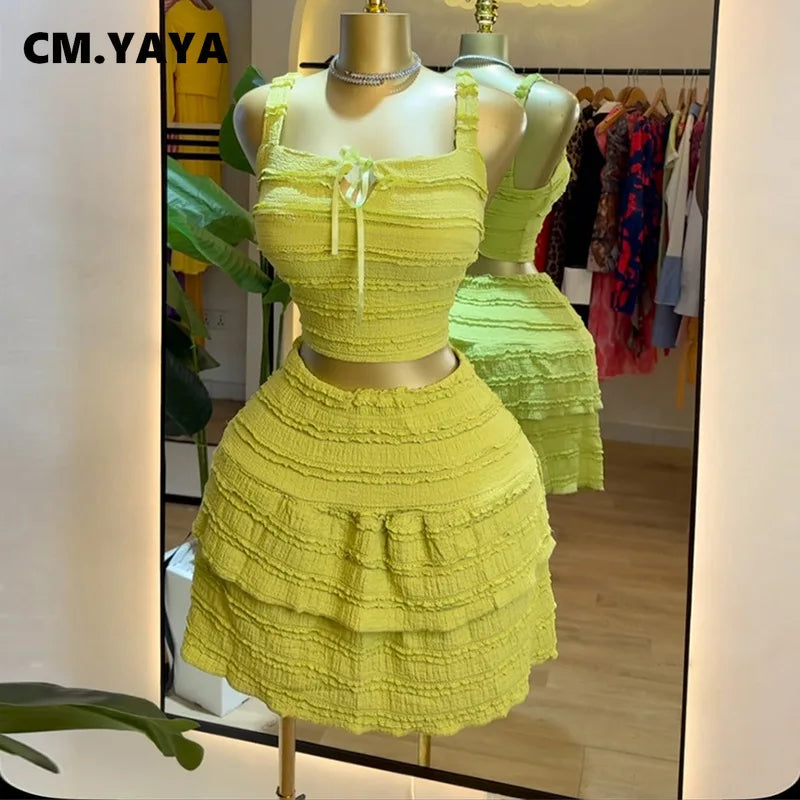 CM.YAYA Beach Boho Women's Set Strap Sleeveless Tank Top and Ruched Mini A-line Skirts Two 2 Piece Sets 2025 Summer Outfits