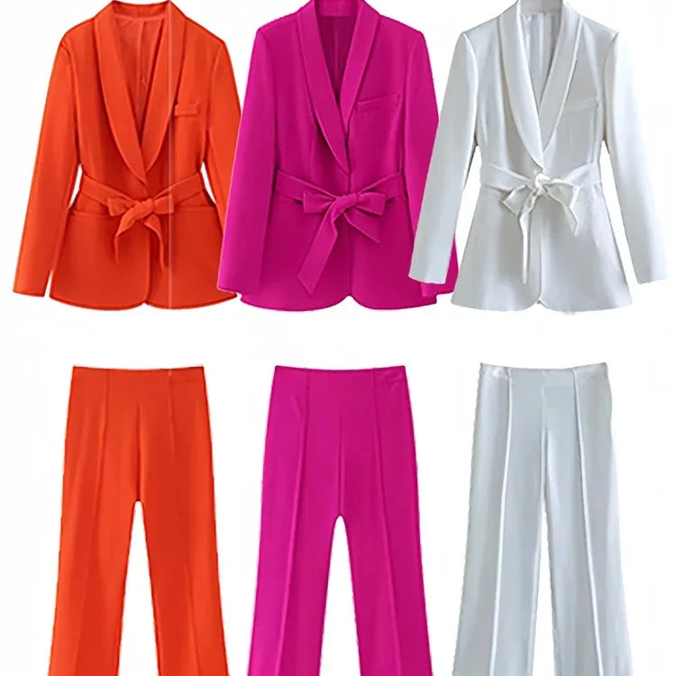 TRAFZA Women's Casual Blazer Chic Outerwear Elegant Flared Trousers Long Sleeve V-Neck Belted Office Commuter Suit Set