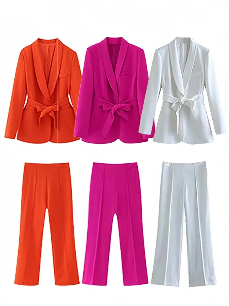 TRAFZA Women's Casual Blazer Chic Outerwear Elegant Flared Trousers Long Sleeve V-Neck Belted Office Commuter Suit Set