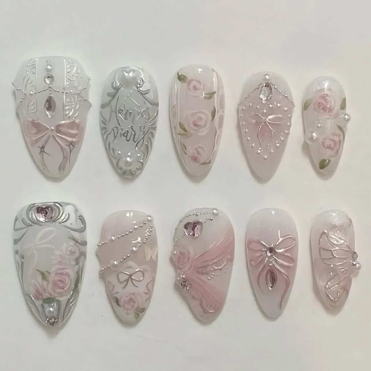 24Pcs Pink Gradient Almond Fake Nails Press on With Pearl Rhinestone Design False Nails Bow Flower Pattern Full Cover Nails Tips
