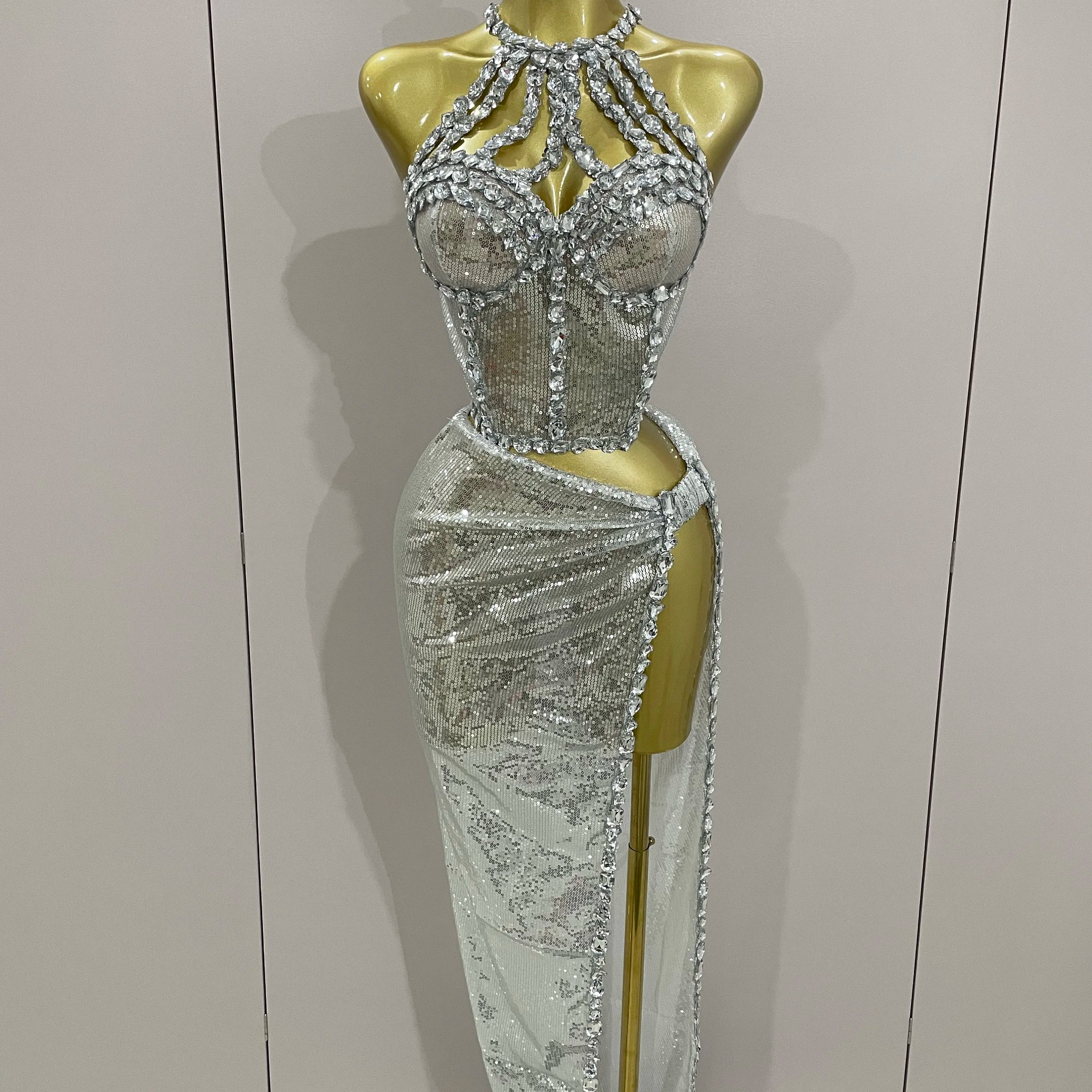 Sexy Luxury Shiny Diamond Sequins Cocktail Dress 2Pcs Set 2025New Women Evening Celebrate Birthday Party Nightclub Stage costume