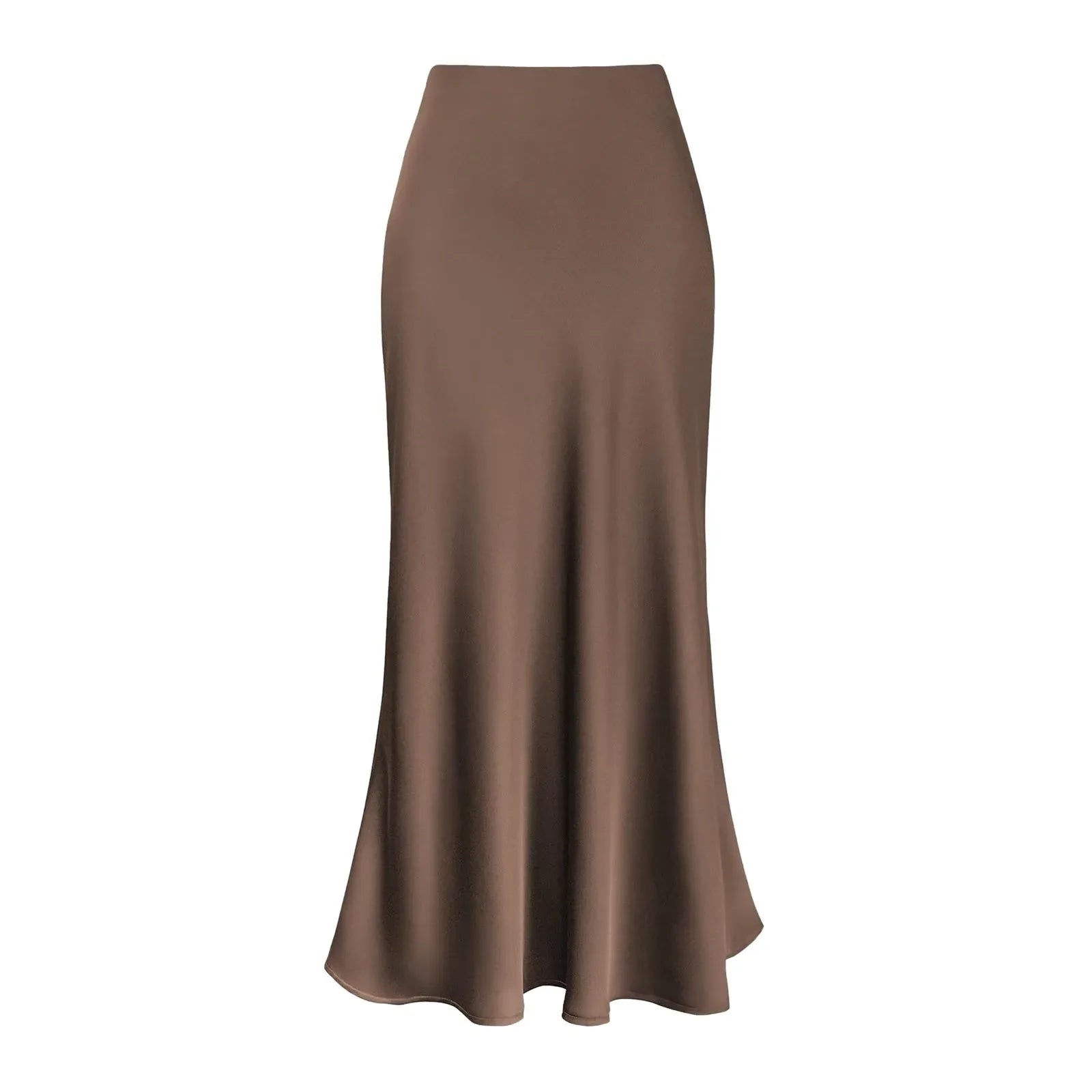 A-Line Pleated Long Skirts Summer Women Korean Skirt Streetwear Elastic Waist Solid Elegant Satin Dress платье For Ladies Coffee