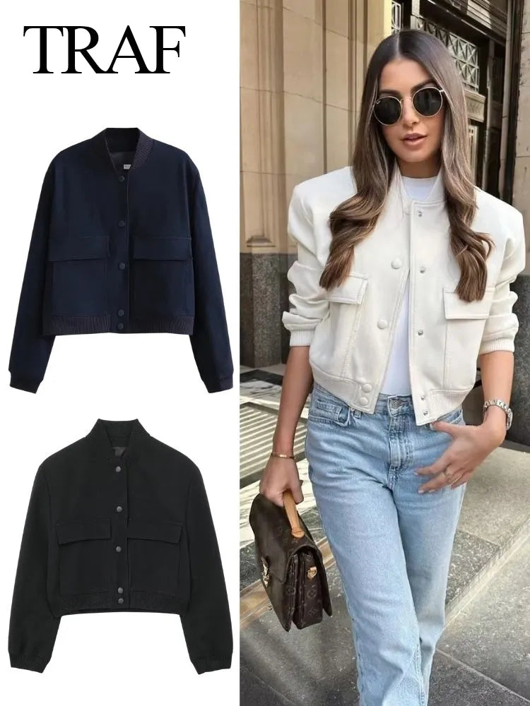 Vintage Solid Long Sleeve Bomber Jacket Spring Women Casual Coats Streetwear Female Elegant Lapel Zipper Jakcet