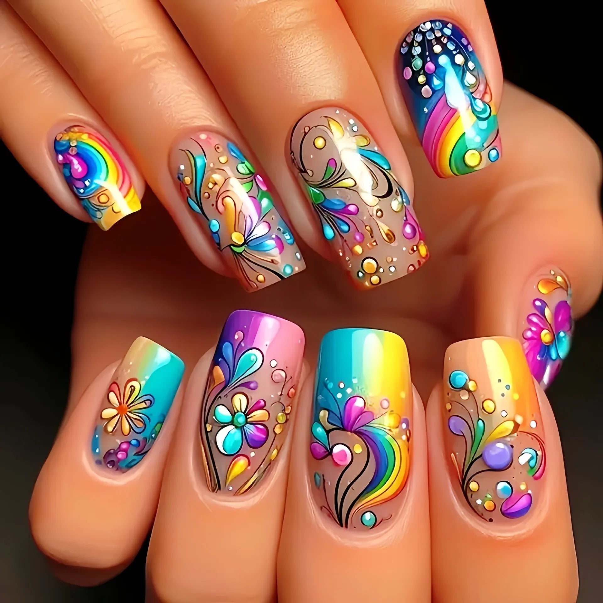 24Pcs Colorful Butterfly False Nail Mid-length Ballet Press on Acrylic Nail Fashion Long Manicure Wearable Square Fake Nail Tips