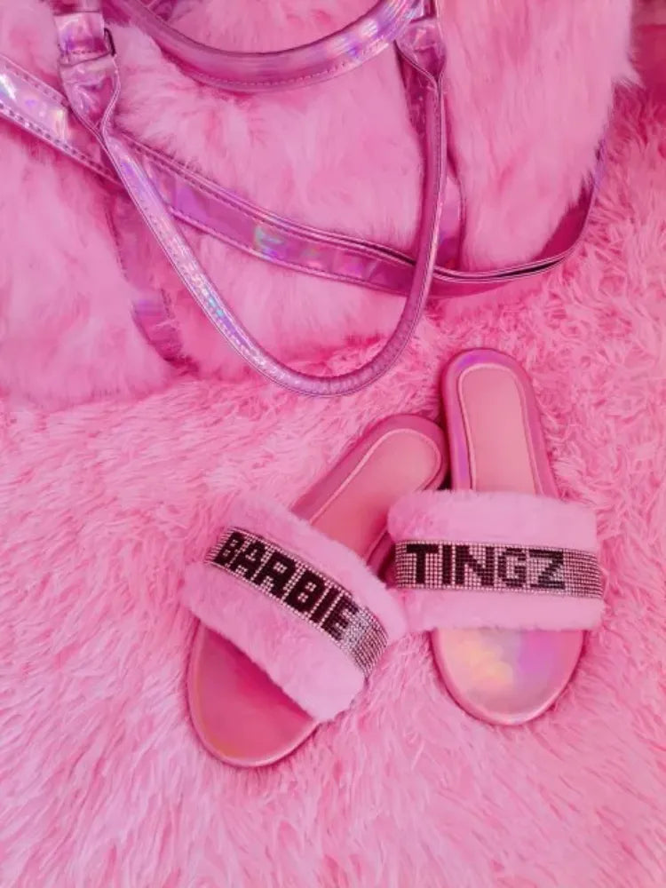 Sandals Female Europe Flat Fur Slides Shinny Diamond Slippers Wild Fashion Home Soft Flip-flops Shoes for Women Slide