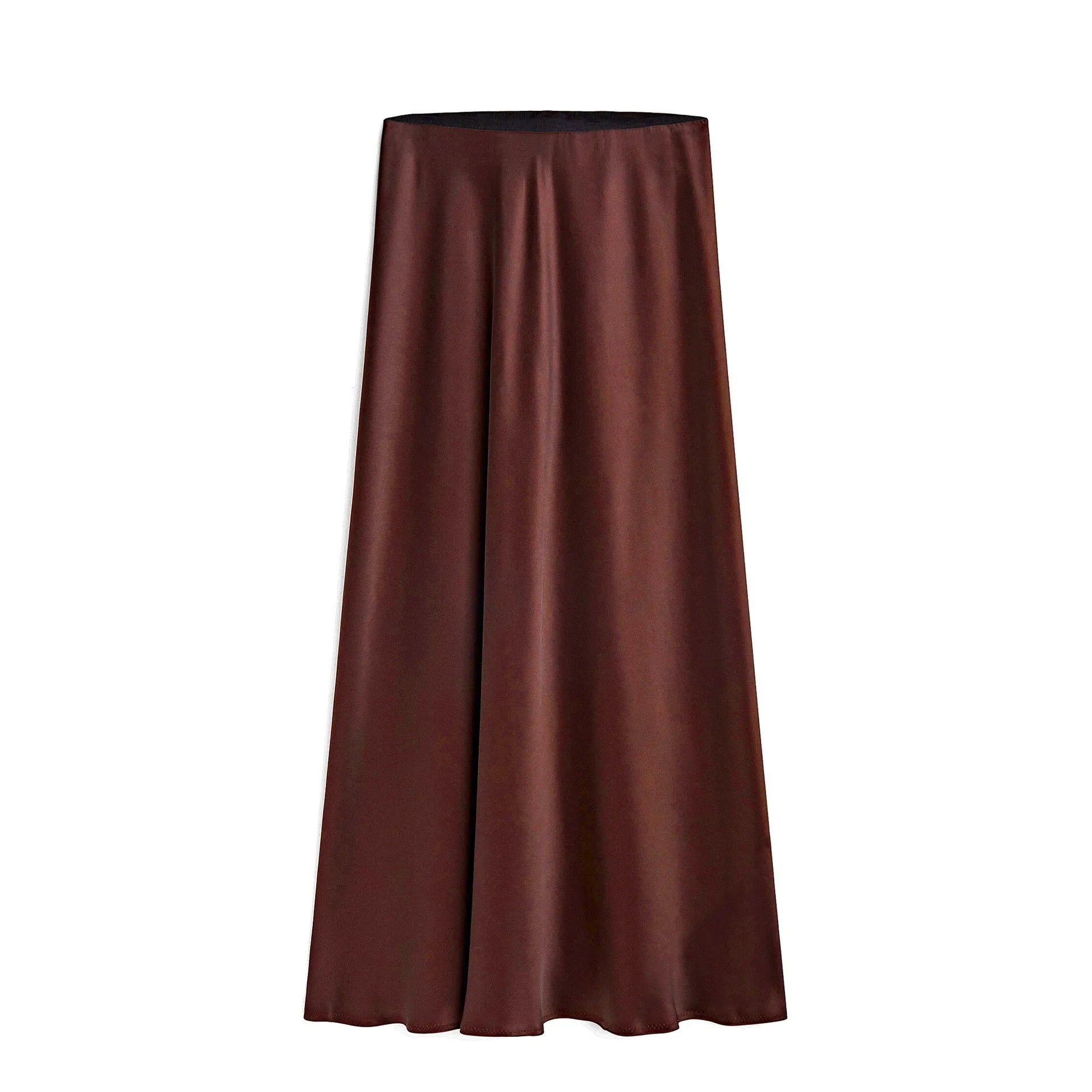 Silk Satin Skirts for Women Summer Casual Style A-line Solid Color Elastic High Waist Side Slit Champagne Skirt Chocolate