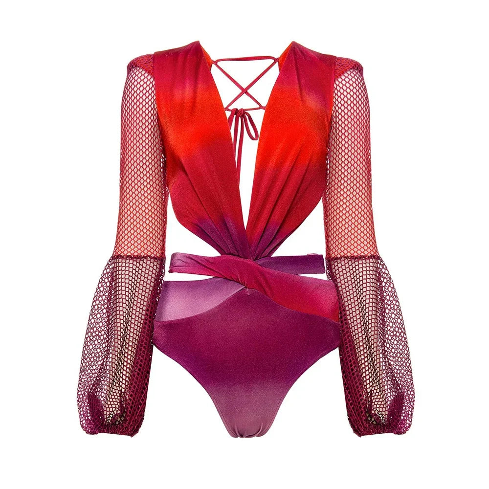 V- Neck One Piece Swimsuit Mesh Long Sleeve Swimwear Women Monokini Sexy Print Bathing Suit Backless Beachwear bikini