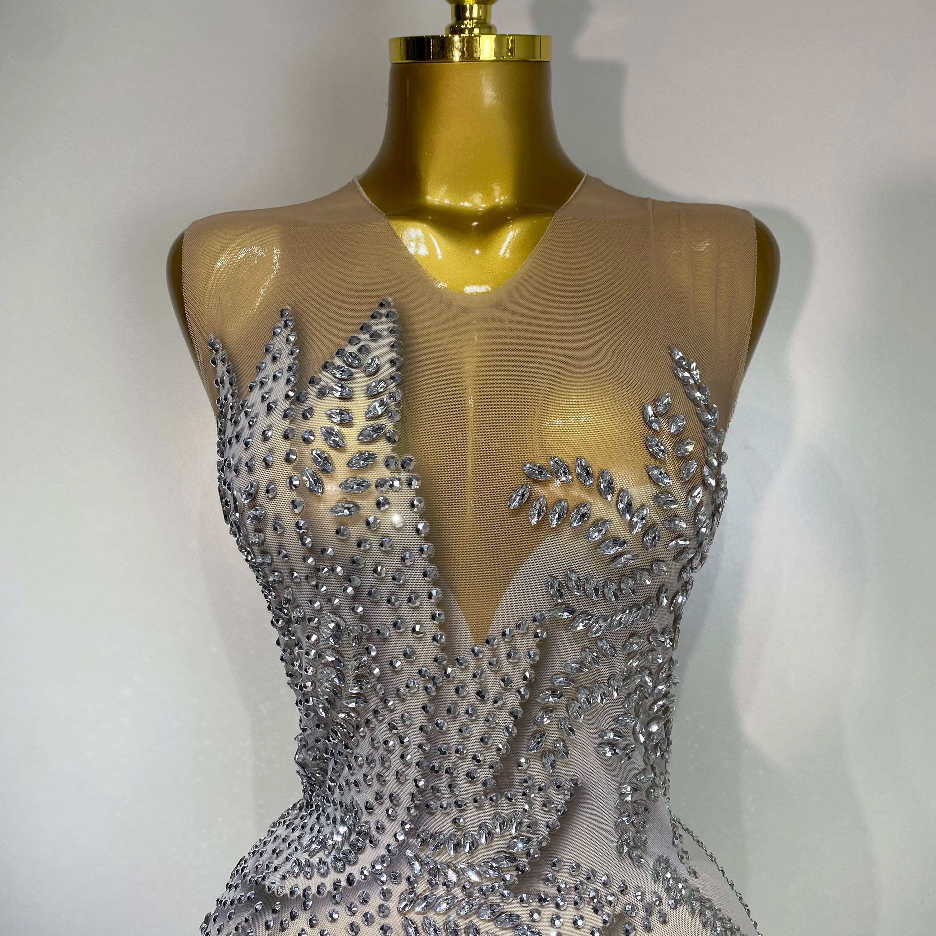 Luxury Rhinestone Sleeveless Silver Long Dress Women Sexy Mesh See Through Evening Prom Birthday Photo Shoot Singer Stage Outfit