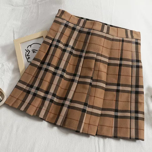 Contrast Color Plaid Striped Skirt Korean Version of Pleated Skirt Autumn High Waist A Line Plaid Mini Skirt Student Style Sweet Khaki
