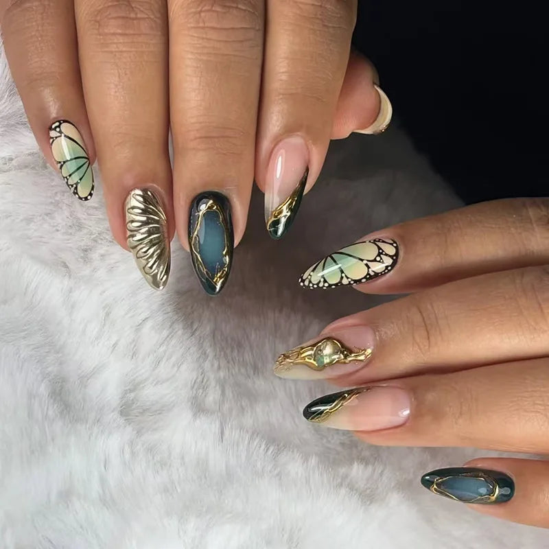 24Pcs Mid-length Blue Almond False Nails with 3D Shell Design Press on Nails Tips Butterfly Flower Pattern Datachable Fake Nail