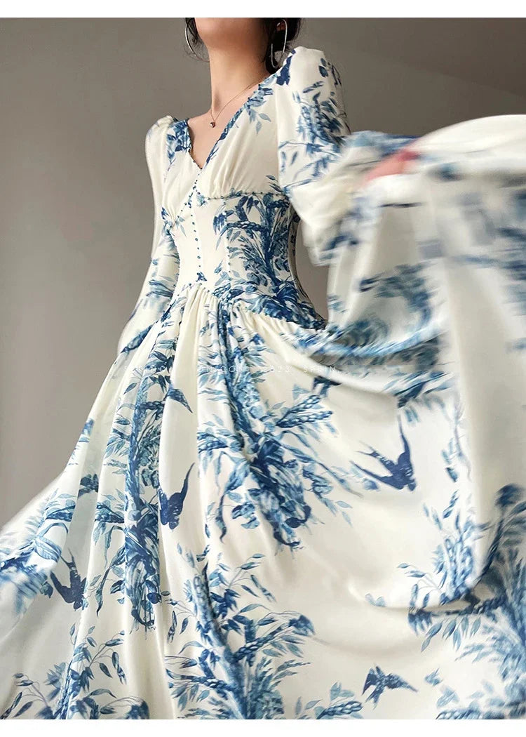 French Summer Midi Fashion Floral Beading High Waist A Line Party Dresses Women Vintage Elegant Lantern Sleeve Chic Casual Dress