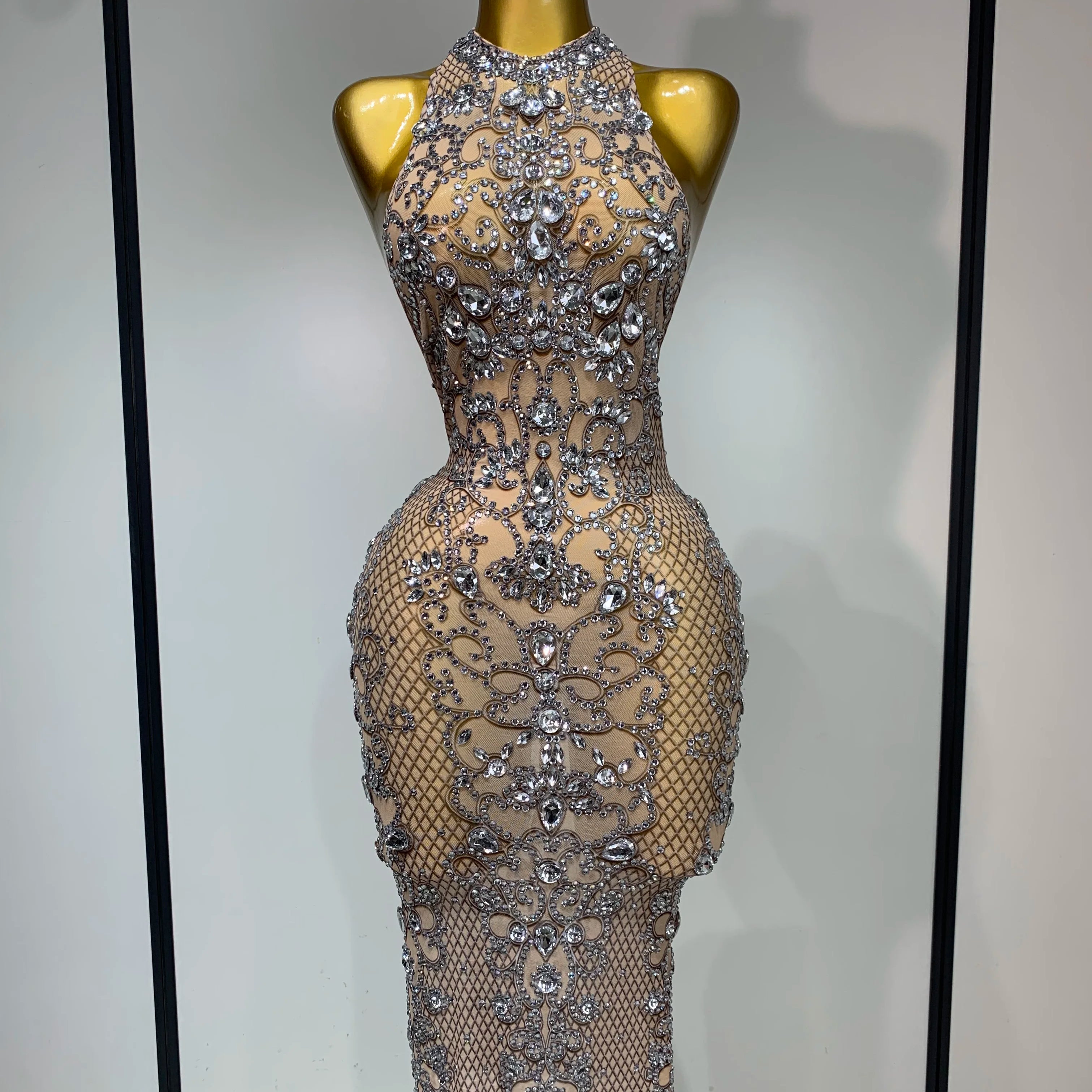 Women Sexy Backless Mesh Crystal Diamonds Performance Costume Stage Dancer See Through Stretchy Nightclub Evenig Party Dresses