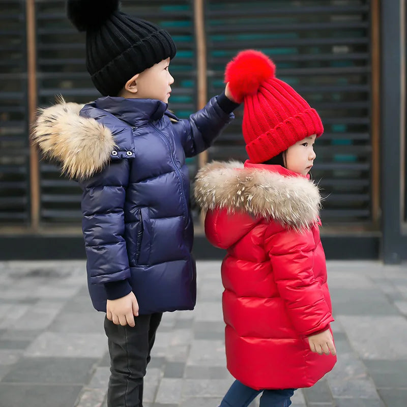 Nature Fur winter down jacket for boys coats girl clothes children's clothing thicken outerwear parka kids 80-160cm