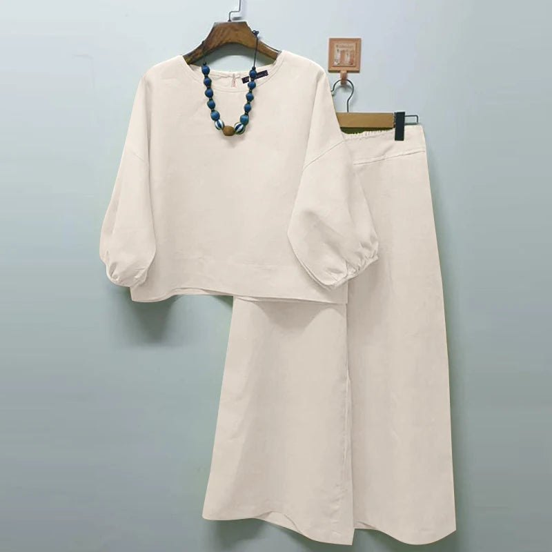 Summer Matching Sets 2PCS Women Urban Tracksuits 3/4 Sleeve O Neck Blouse & Wide Leg Pant Sets Holiday Suit Outfits Beige