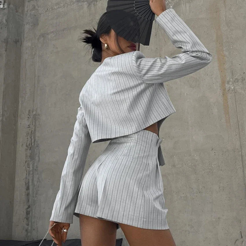 Clacive Fashion Stripe Print 2 Piece Sets Women Elegant Slim Long Sleeve Irregular Top With High Waist Shorts Set Streetwear