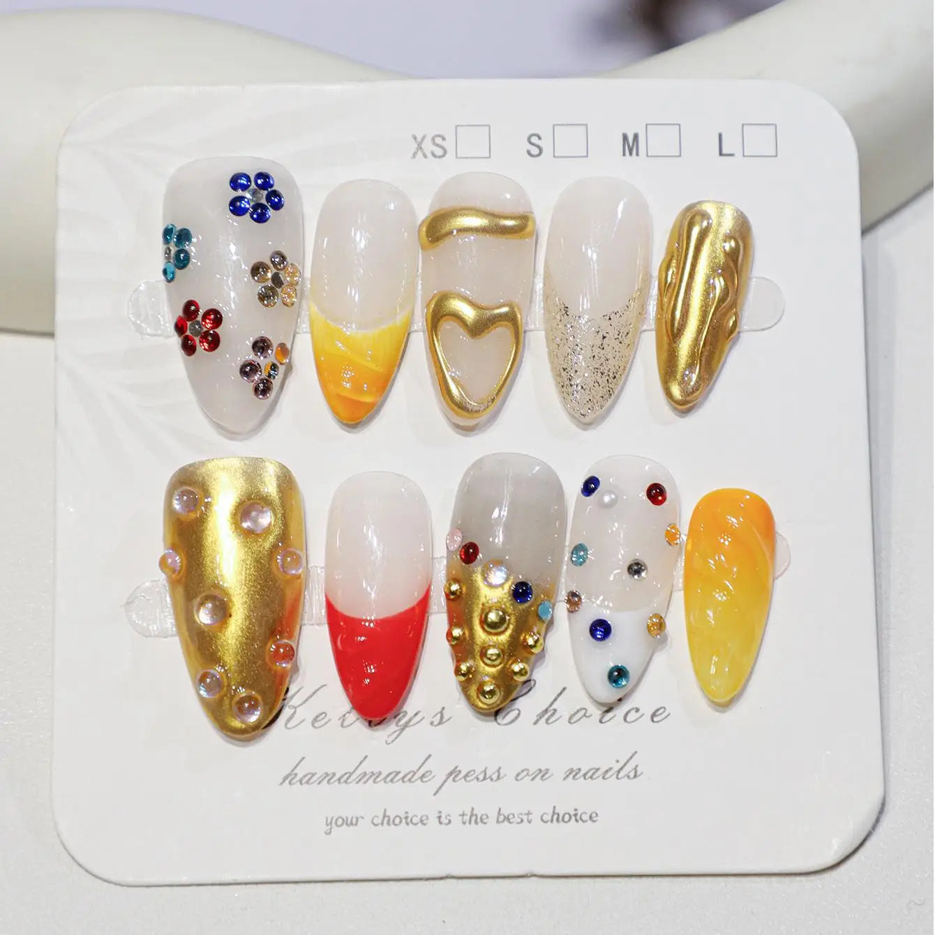 10Pcs Handmade Mid-length Almond Press on Nails Colorful Diamond Sweet Cool for Spice Girl Detachable Fake Nails French Manicure