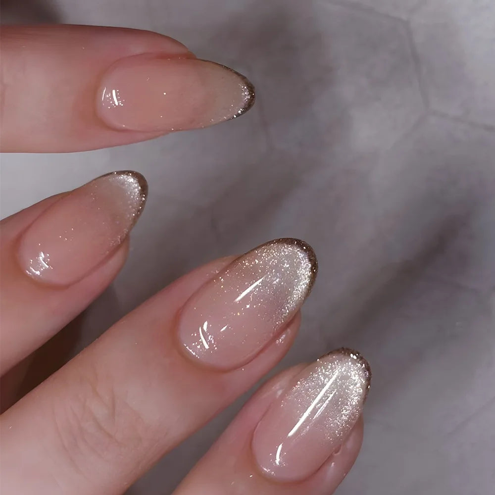 24Pcs Blush Pink Shining Cat's Eye Short Round Head Press on False Nails with Simple Design Almond French Manicure Nail Tips Set