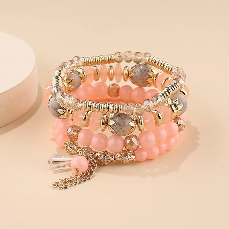 4Pcs Bohemian Women Pink Tassel Bracelet Set For Female I Love You Feather Round Charm Beads Chain Bangle Fashion Party Jewelry BR133-10