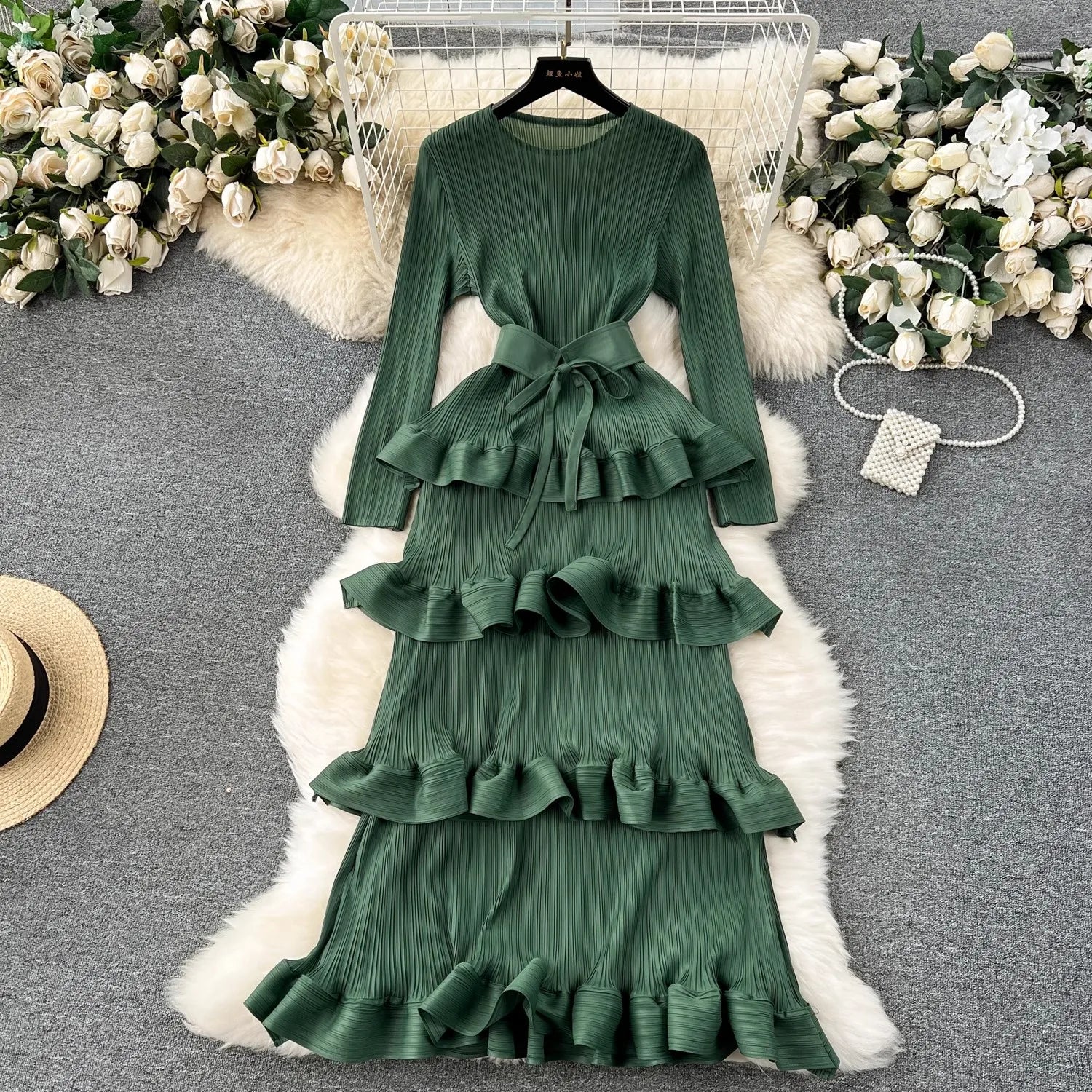 Miyake Multi-layer Cascading Pleated Dress Women O Neck Long Sleeve Solid Color Ruffles Cake Belt Dress Female Party Clothing