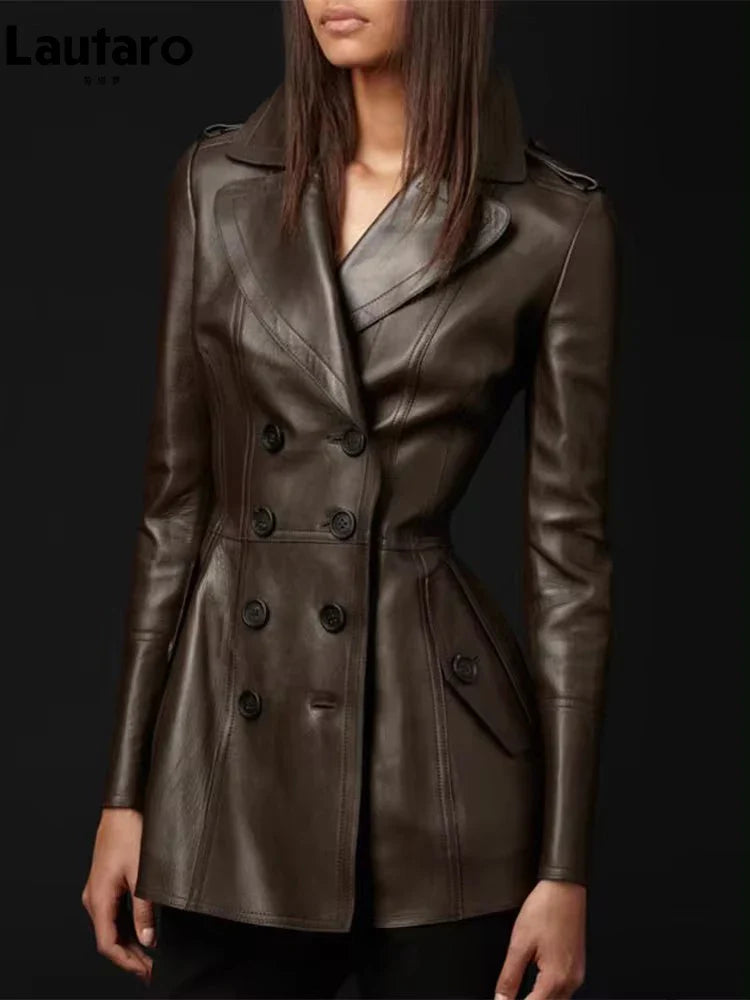 Autumn Fitted Coffee Skirted Pu Leather Blazer Jacket Women Long Sleeve Double Breasted High Quality European Fashion