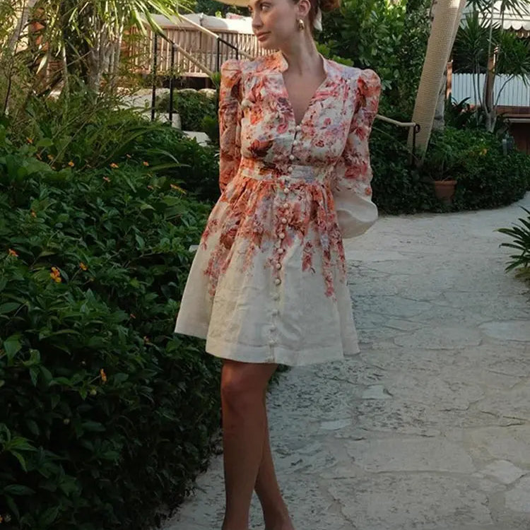 Women Elegant Printed V Neck Mini Dress Female Long Sleeve High Waist A-line Bodycorn Vestidos Spring Lady Party Club Robes